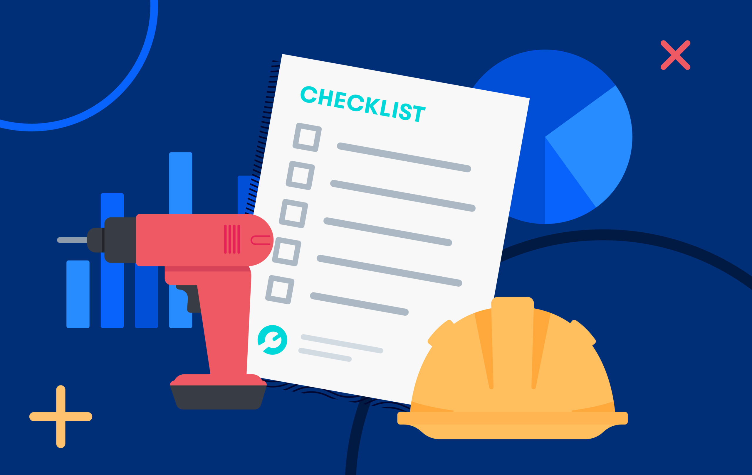 Graphic of construction tools, a checklist and hard hat to illustrate how to manage construction business SOPs.